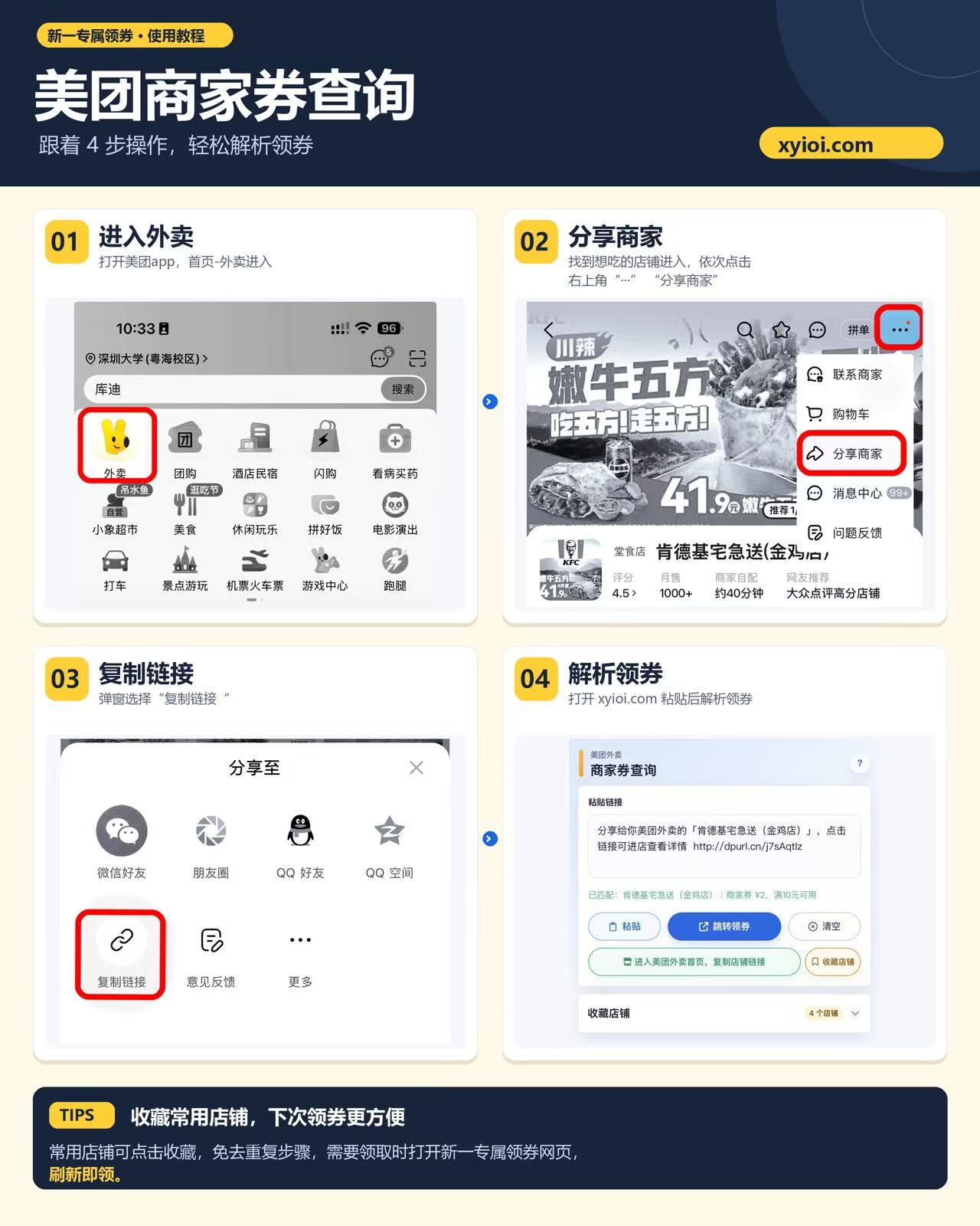 美团商家券查询教程：进入外卖店铺，分享并复制链接，粘贴到输入框查询优惠券